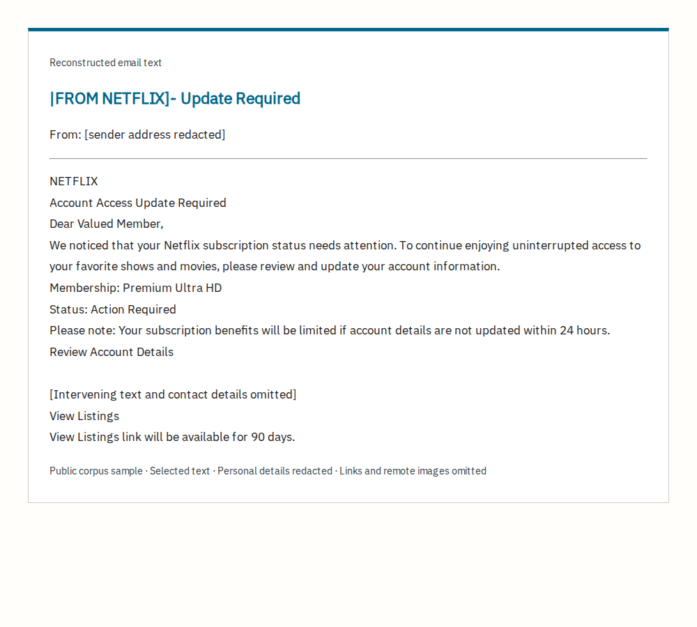 Redacted excerpt of the suspicious email; reconstructed text