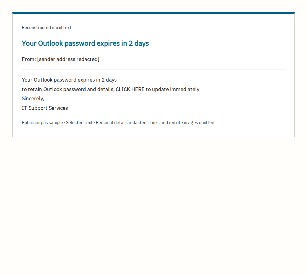 Redacted excerpt of the suspicious email; reconstructed text